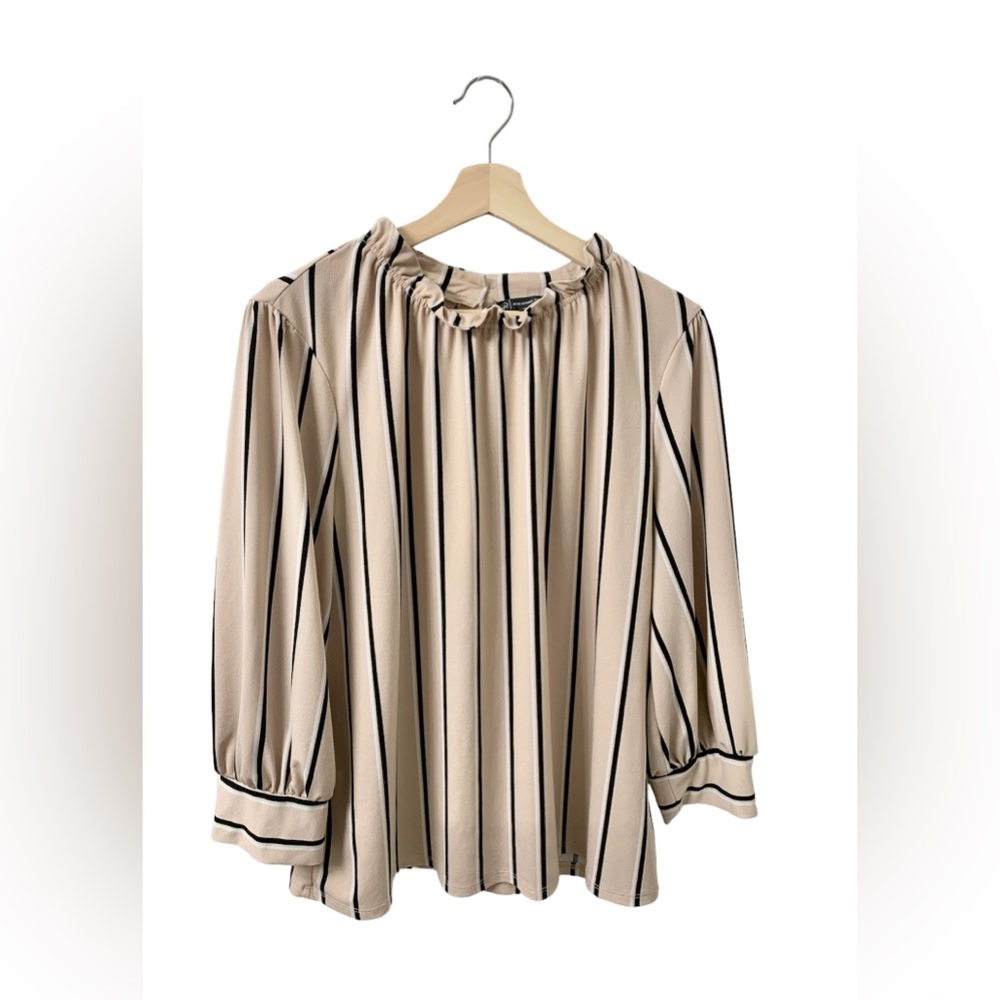 Women's Beige Striped Ruffle-Neck Blouse